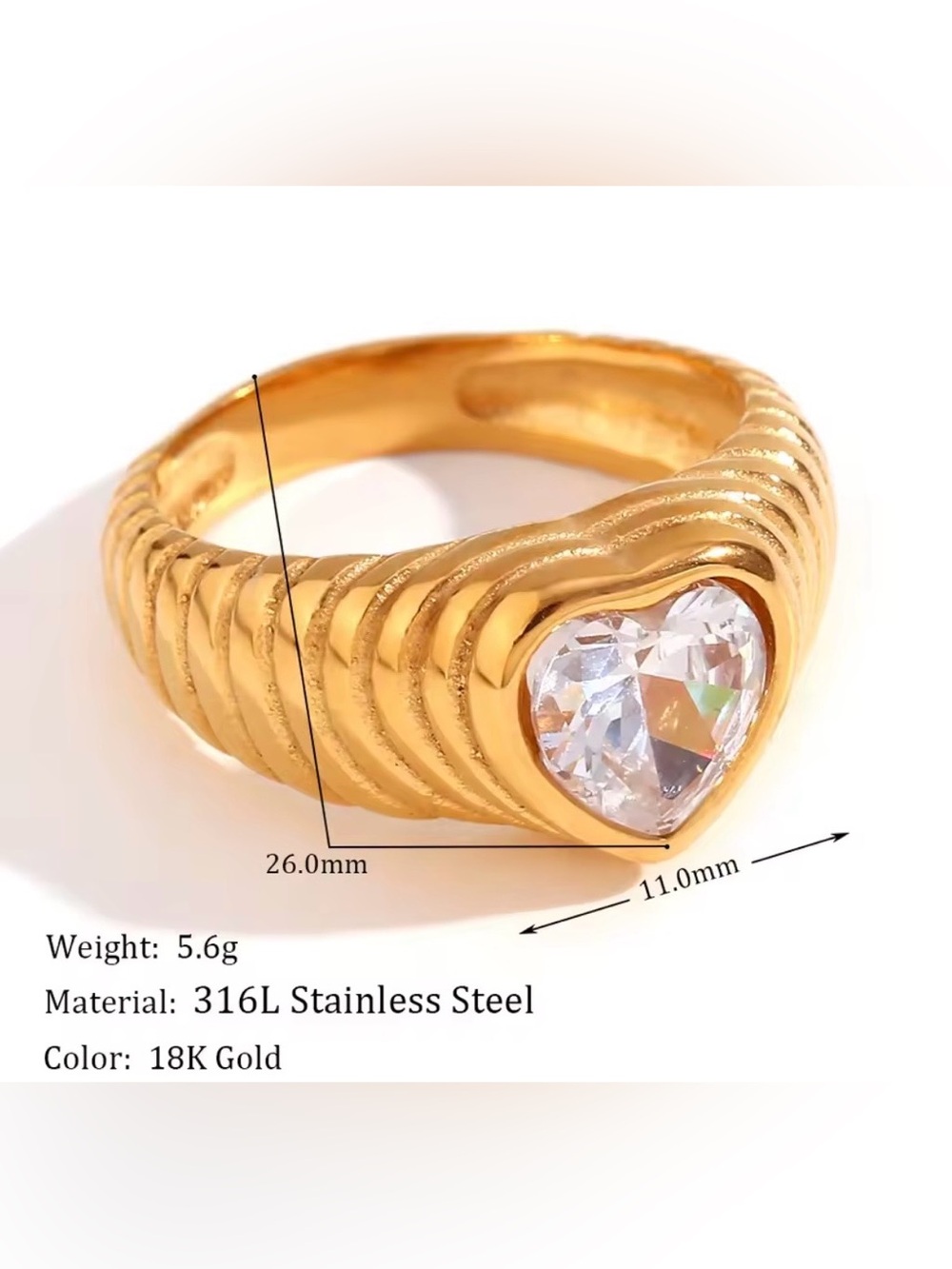18K Gold-Tone Heart Crystal Stainless Steel Ring